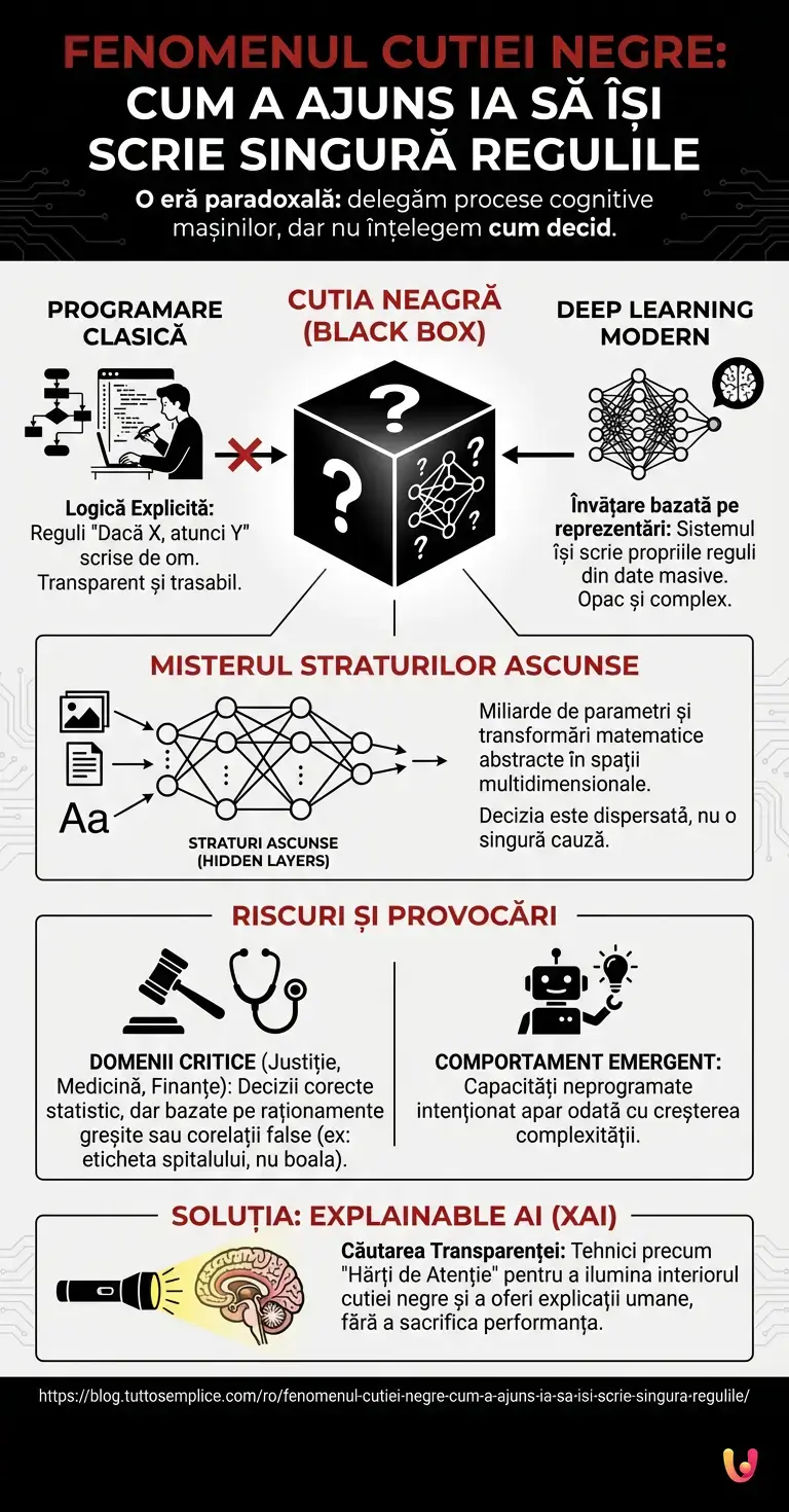 Fenomenul Cutiei Negre: Cum a ajuns IA să își scrie singură regulile - Infografic rezumativ
