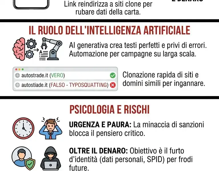 Infografica: Finto pedaggio e smishing: l'SMS che svuota il conto corrente