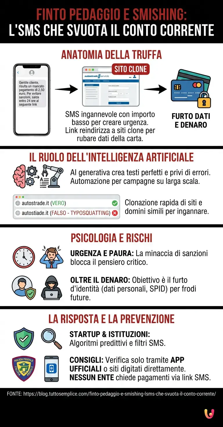 Finto pedaggio e smishing: l'SMS che svuota il conto corrente - Infografica riassuntiva