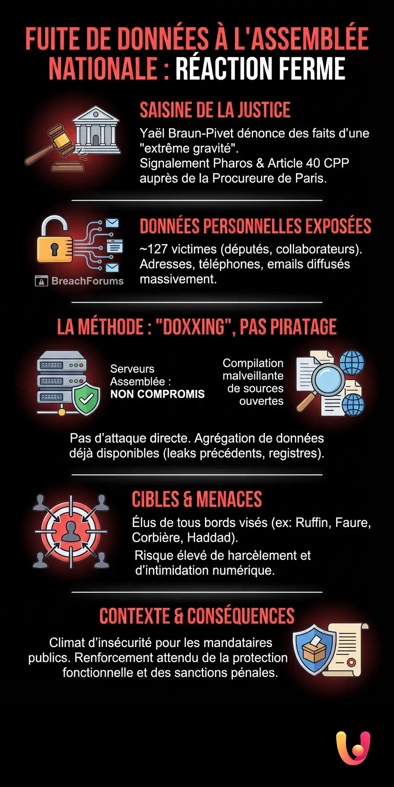 Fuite de données à l'Assemblée : Yaël Braun-Pivet saisit la justice face à des faits d'une « extrême gravité » - Infographie résumant