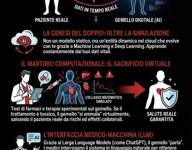 Infografica: Gemello Digitale: l'ombra che muore virtualmente per curarti davvero