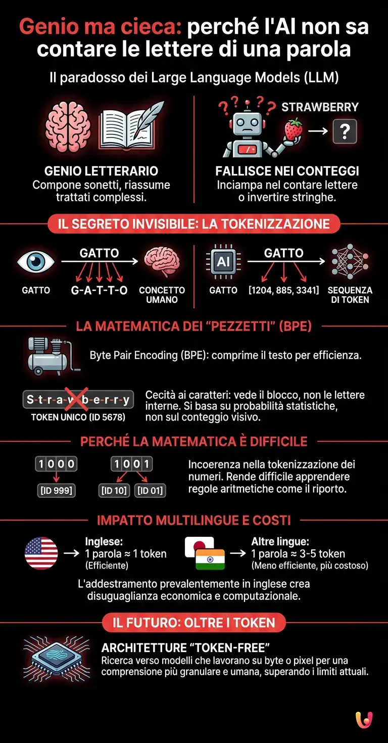 Genio ma cieca: perché l'AI non sa contare le lettere di una parola - Infografica riassuntiva