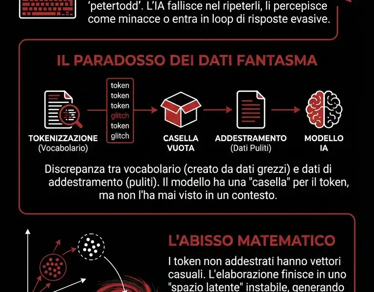 Infografica: Glitch Tokens: il mistero delle parole che l'IA non riesce a vedere