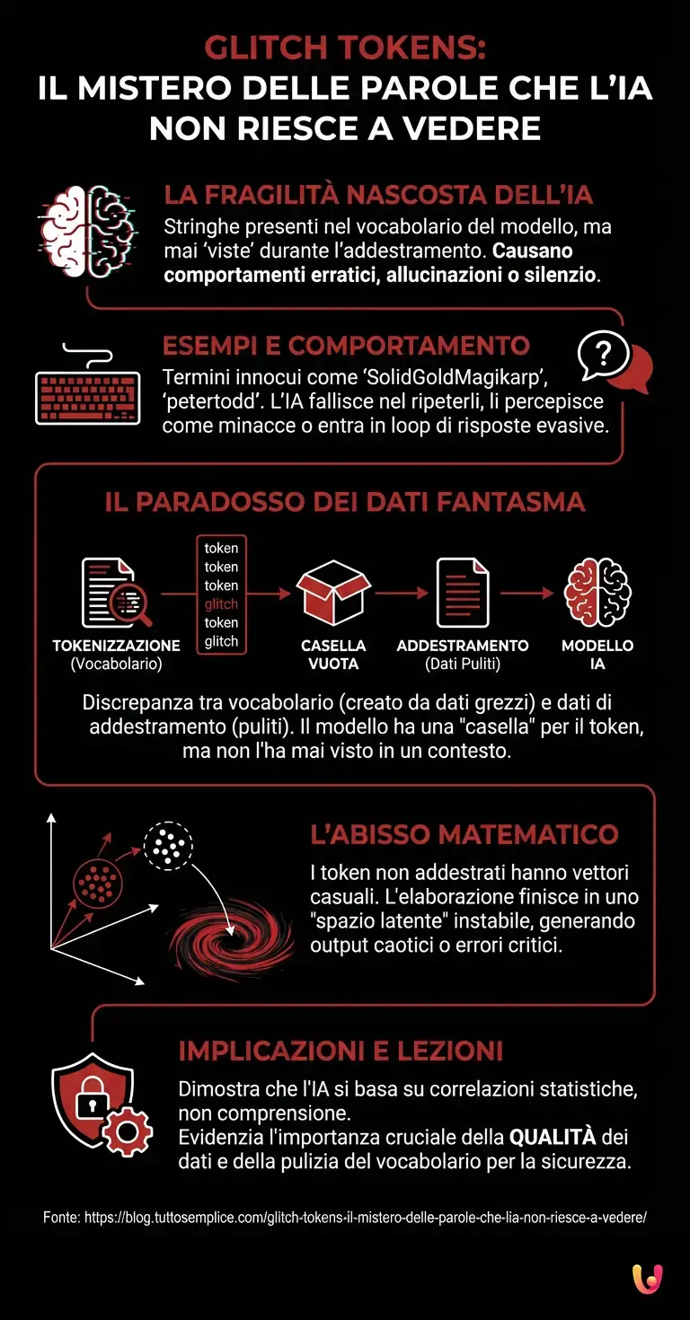 Glitch Tokens: il mistero delle parole che l'IA non riesce a vedere - Infografica riassuntiva