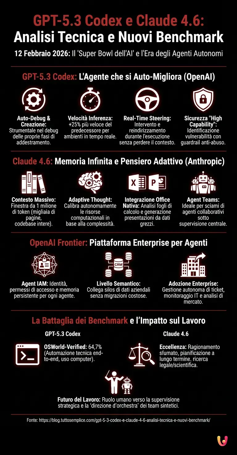 GPT-5.3 Codex e Claude 4.6: Analisi tecnica e nuovi benchmark - Infografica riassuntiva