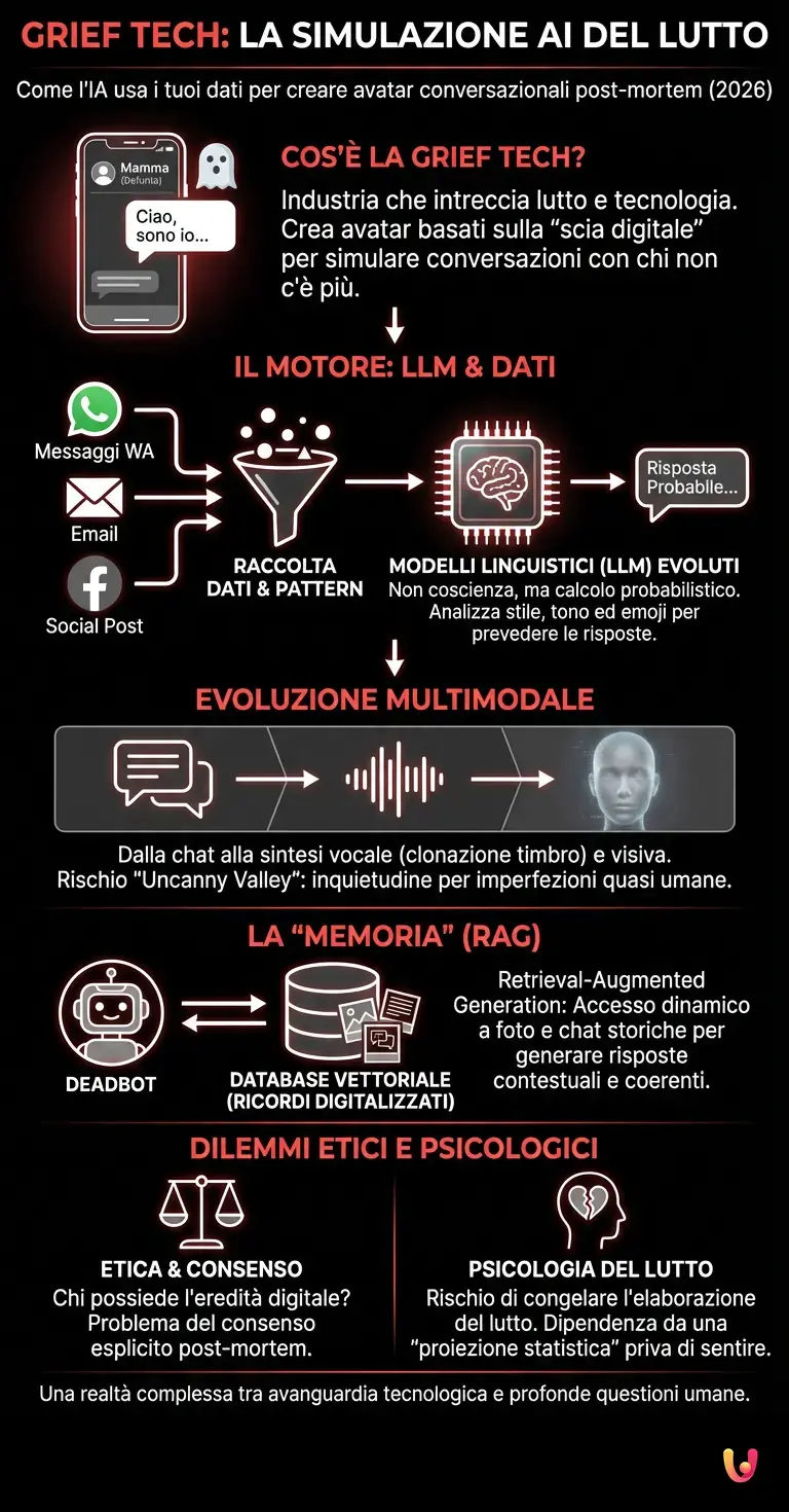 Grief Tech: come l'IA usa i tuoi messaggi WhatsApp per simulare la ... - Infografica riassuntiva