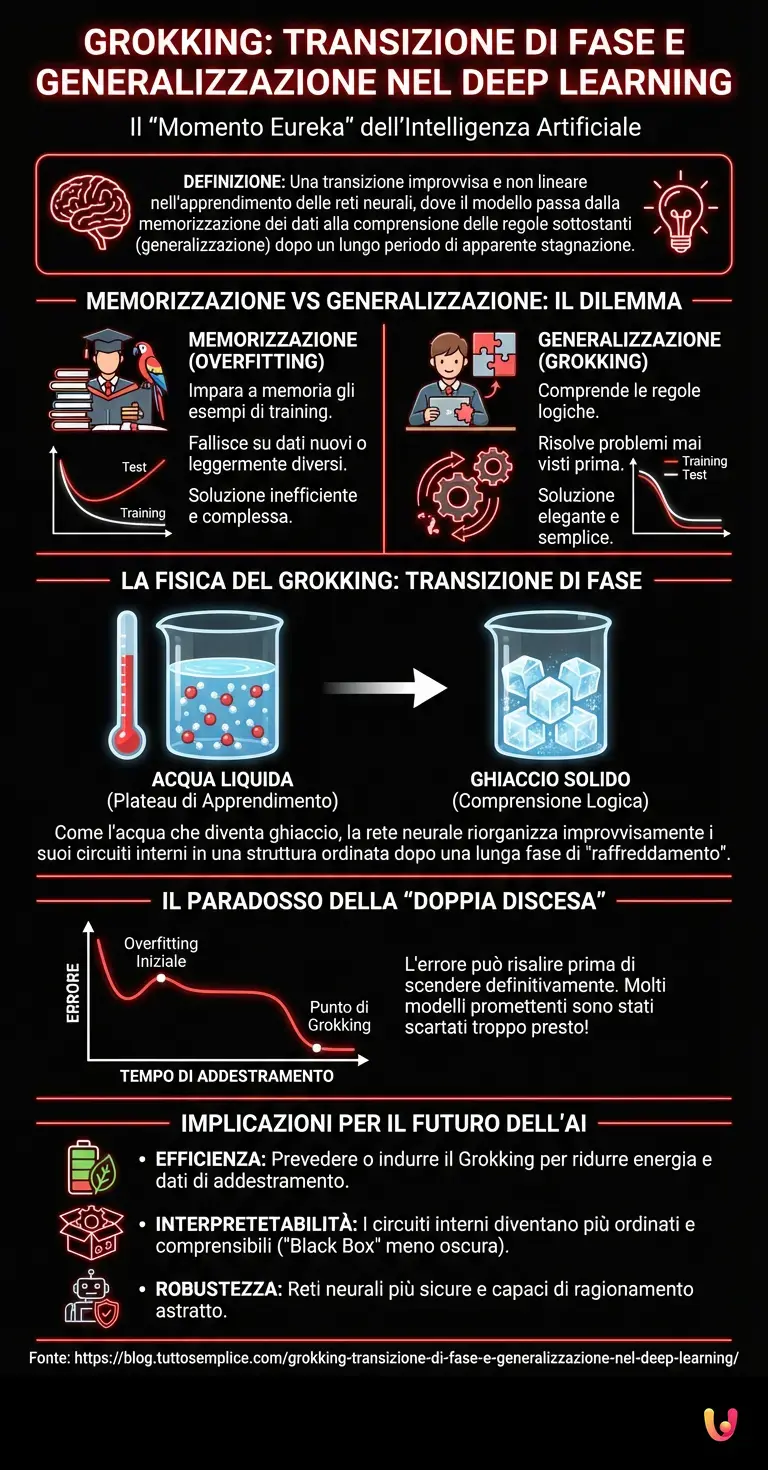 Grokking: transizione di fase e generalizzazione nel Deep Learning - Infografica riassuntiva