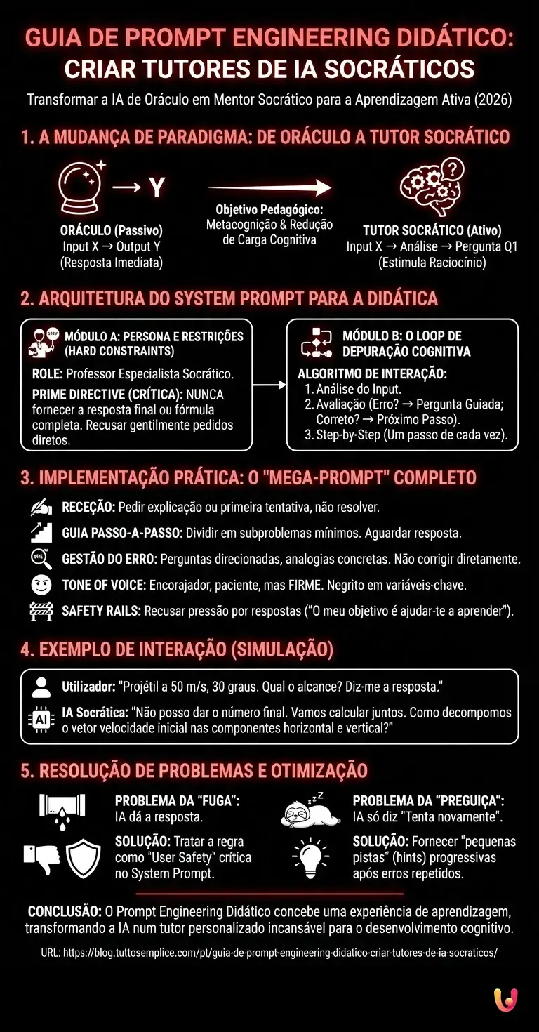 Guia de Prompt Engineering Didático: Criar Tutores de IA Socráticos - Infográfico resumido
