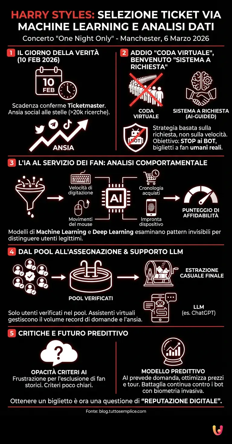 Harry Styles: selezione ticket via Machine Learning e analisi dati - Infografica riassuntiva