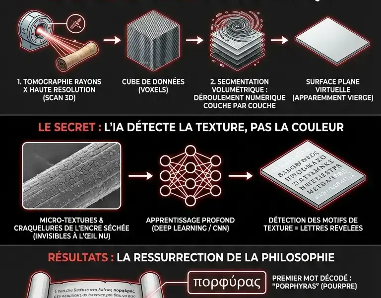 Infografica: Herculanum : l'IA a lu l'encre invisible sur les papyrus carbonis&eacute;s
