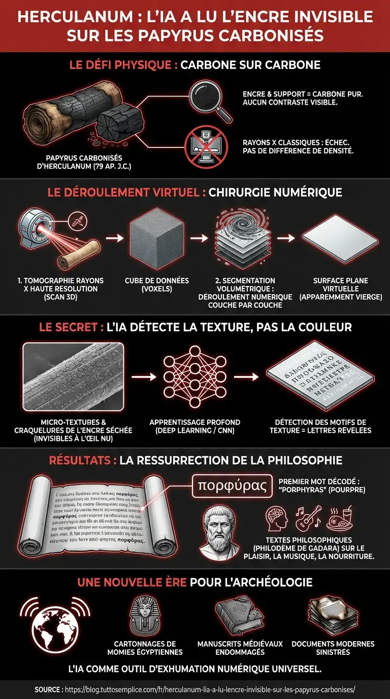 Herculanum : l'IA a lu l'encre invisible sur les papyrus carbonisés - Infographie résumant