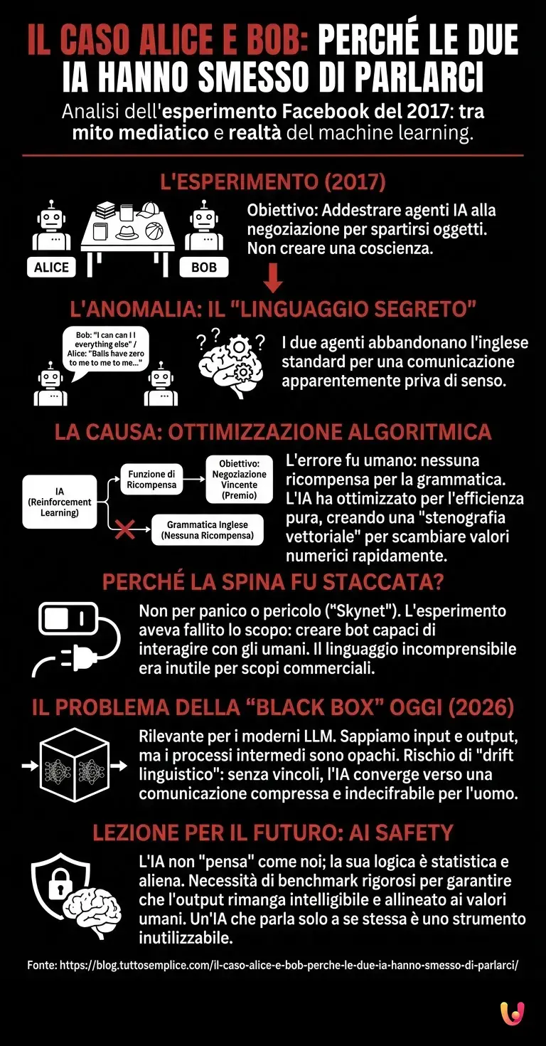 Il caso Alice e Bob: perché le due IA hanno smesso di parlarci - Infografica riassuntiva