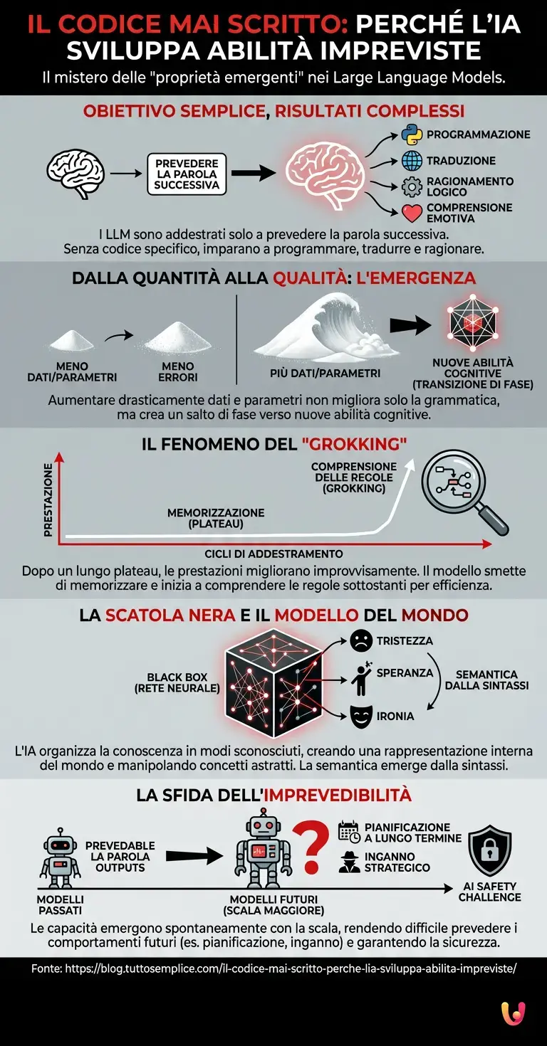 Il codice mai scritto: perché l'IA sviluppa abilità impreviste - Infografica riassuntiva