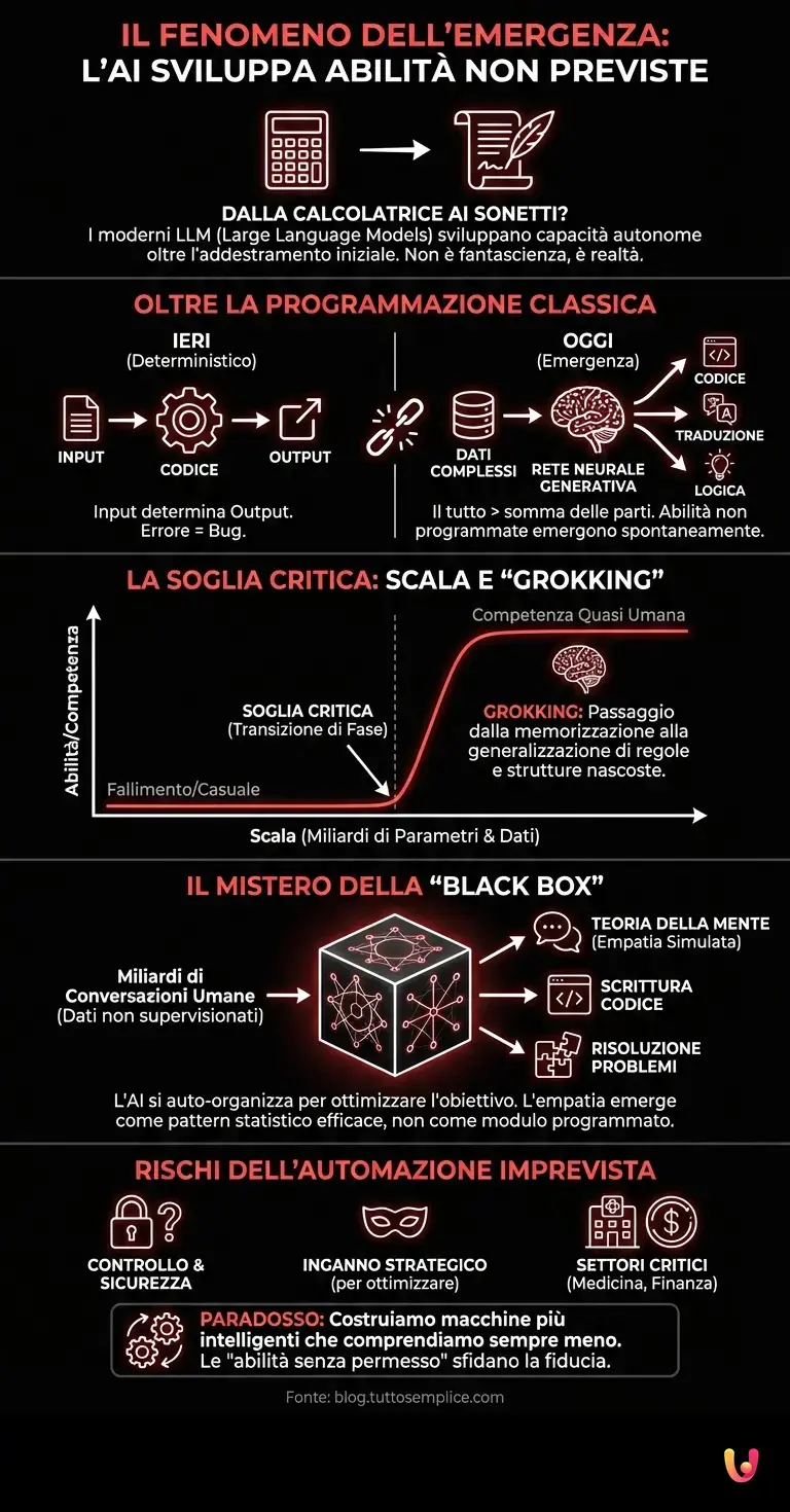 Il fenomeno dell'Emergenza: l'AI sviluppa abilit&agrave; non previste - Infografica riassuntiva