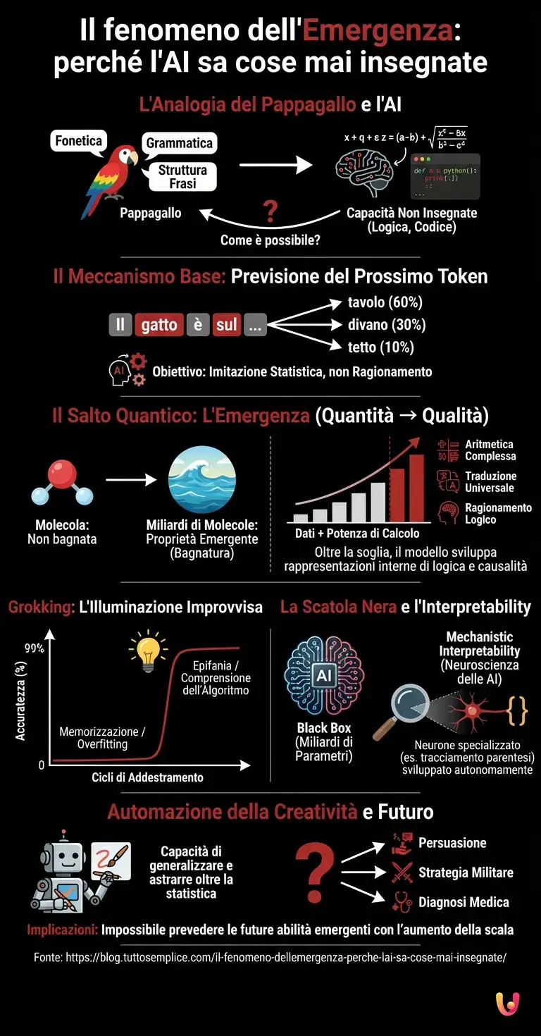 Il fenomeno dell'Emergenza: perché l'AI sa cose mai insegnate - Infografica riassuntiva