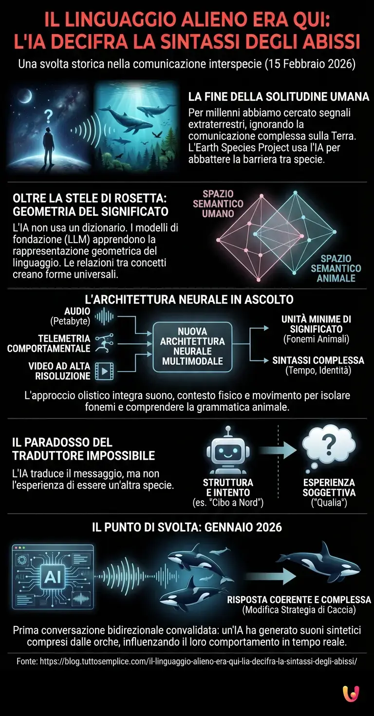 Il linguaggio alieno era qui: l'IA decifra la sintassi degli abissi - Infografica riassuntiva