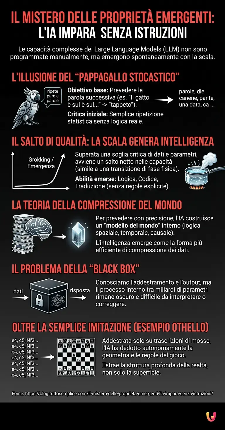 Il mistero delle Proprietà Emergenti: l'IA impara senza istruzioni - Infografica riassuntiva