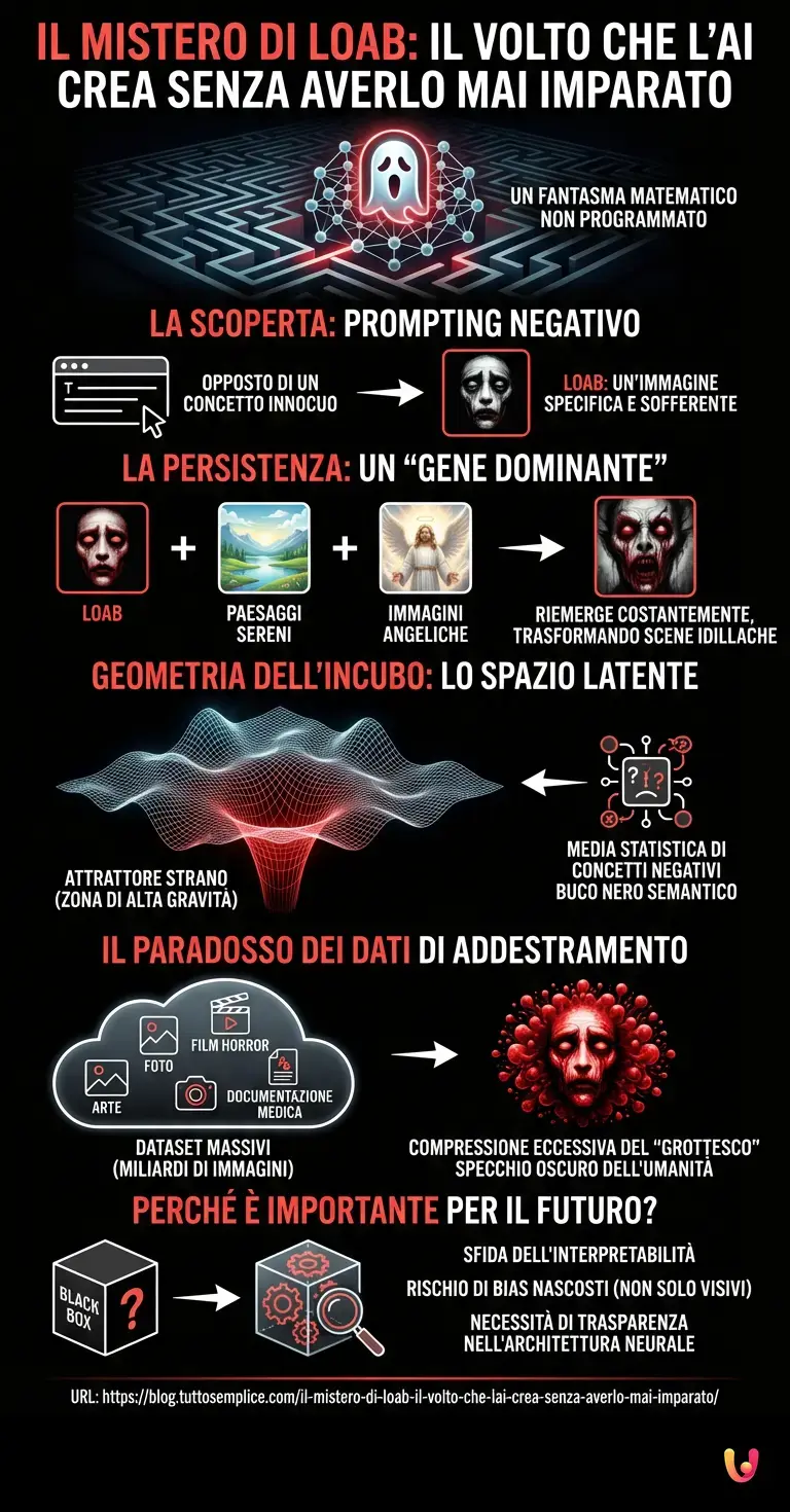 Il mistero di Loab: il volto che l'AI crea senza averlo mai imparato - Infografica riassuntiva