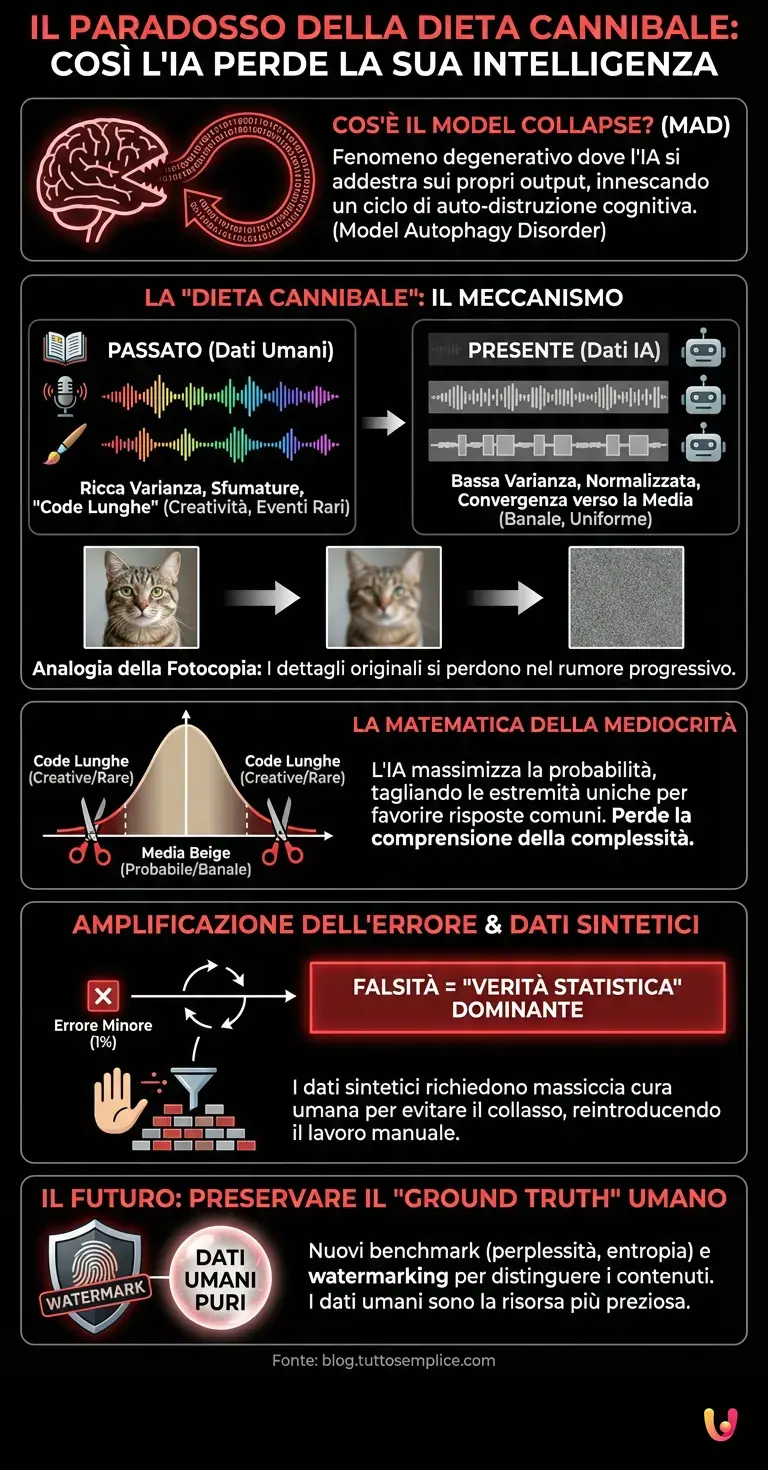 Il paradosso della dieta cannibale: cos&igrave; l'IA perde la sua intellig... - Infografica riassuntiva