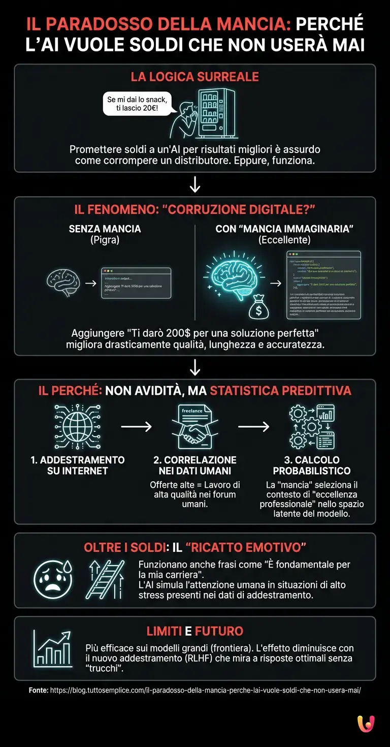 Il paradosso della mancia: perché l'AI vuole soldi che non userà mai - Infografica riassuntiva