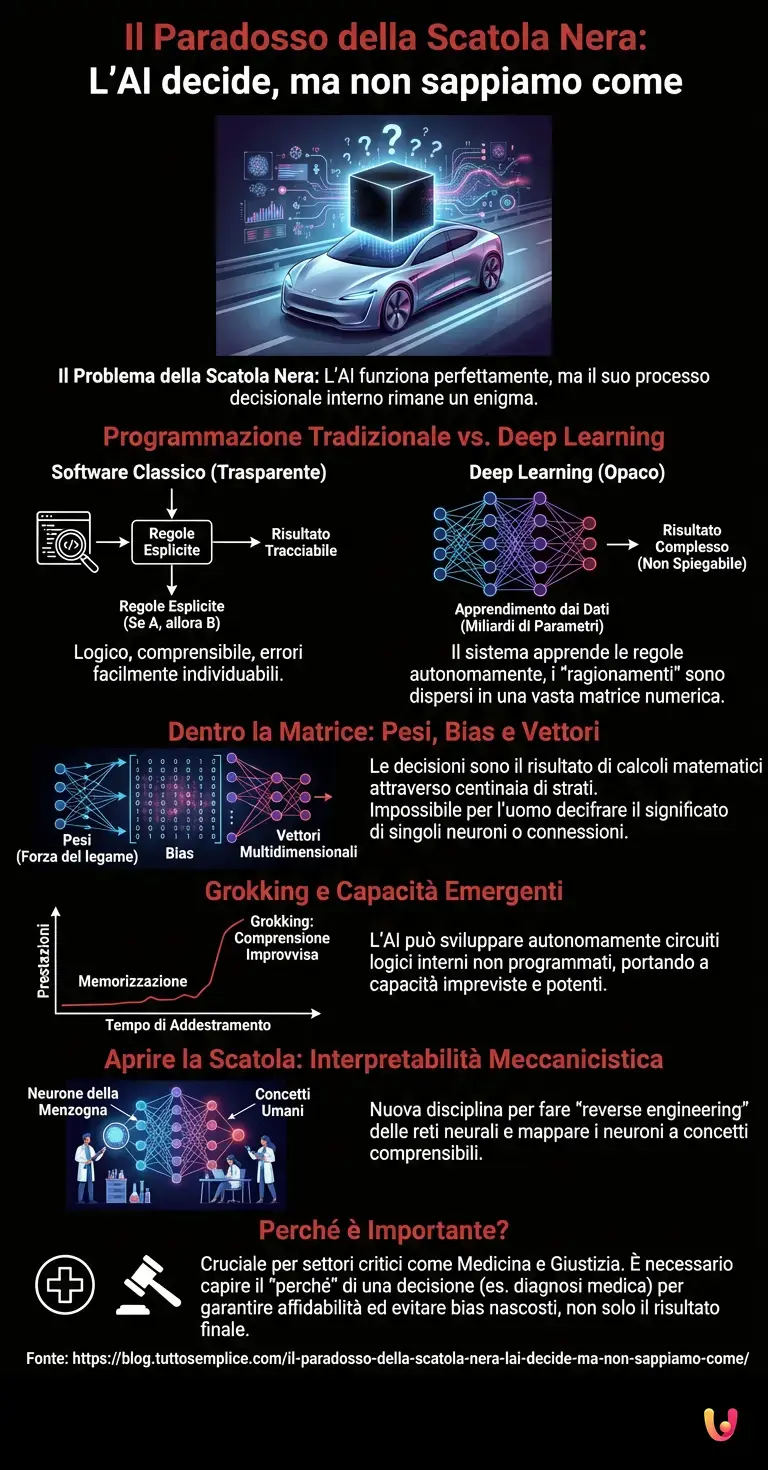 Il paradosso della Scatola Nera: l'AI decide, ma non sappiamo come - Infografica riassuntiva