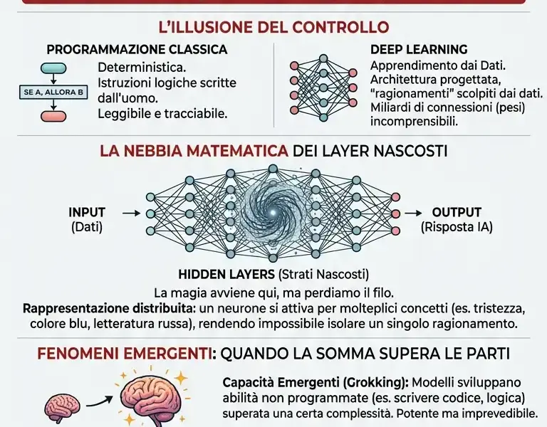 Infografica: Il paradosso della Scatola Nera: perch&eacute; l'IA &egrave; inspiegabile?