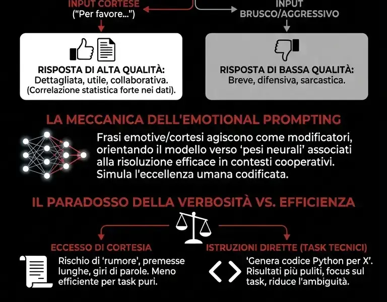 Infografica: Il paradosso tecnico: perch&eacute; la gentilezza migliora le risposte IA