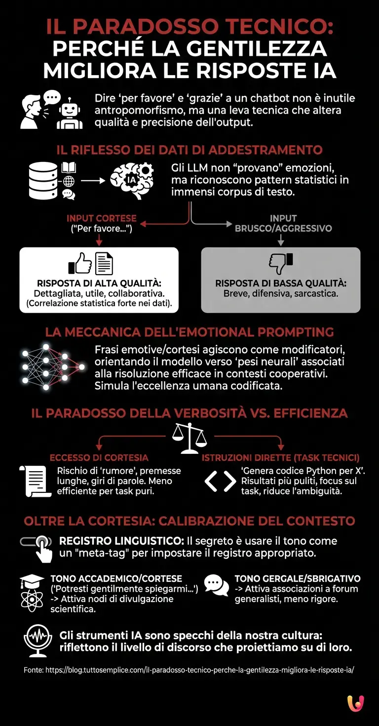 Il paradosso tecnico: perché la gentilezza migliora le risposte IA - Infografica riassuntiva