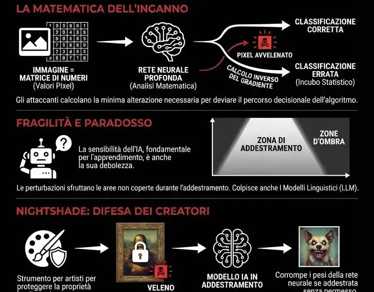 Infografica: Il 'pixel avvelenato': come una modifica invisibile inganna l'IA