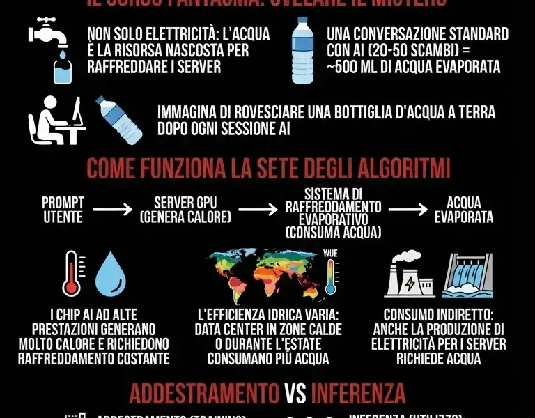 Infografica: Il sorso fantasma: il costo fisico nascosto dietro ogni risposta AI