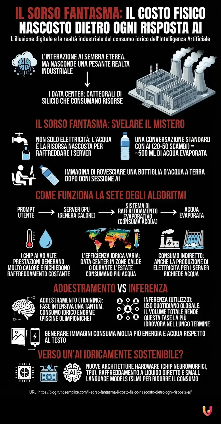 Il sorso fantasma: il costo fisico nascosto dietro ogni risposta AI - Infografica riassuntiva