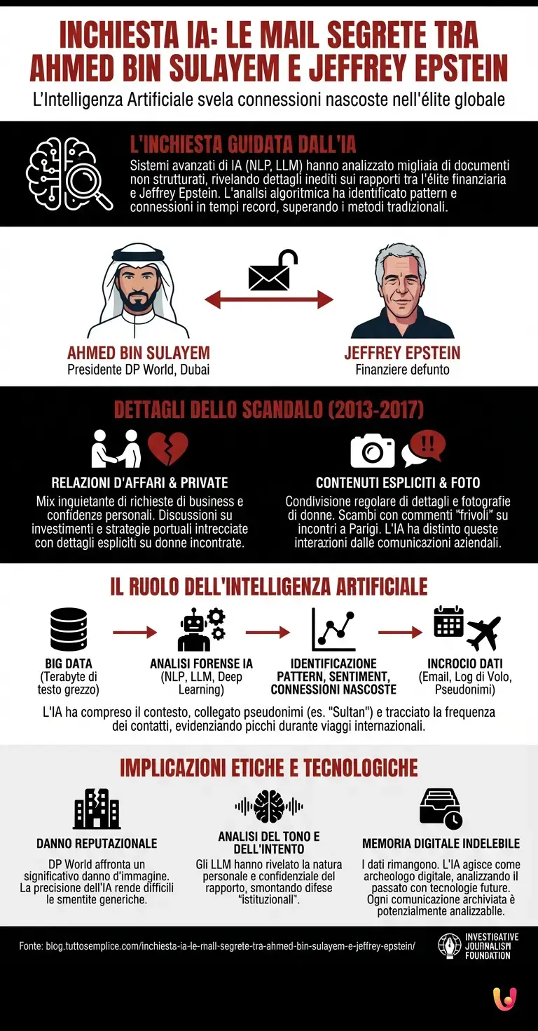 Inchiesta IA: le mail segrete tra Ahmed Bin Sulayem e Jeffrey Epstein - Infografica riassuntiva