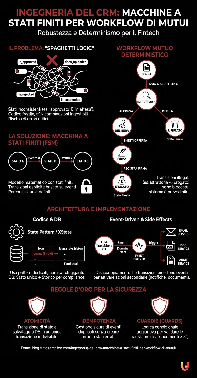 Ingegneria del CRM: Macchine a Stati Finiti per Workflow di Mutui - Infografica riassuntiva