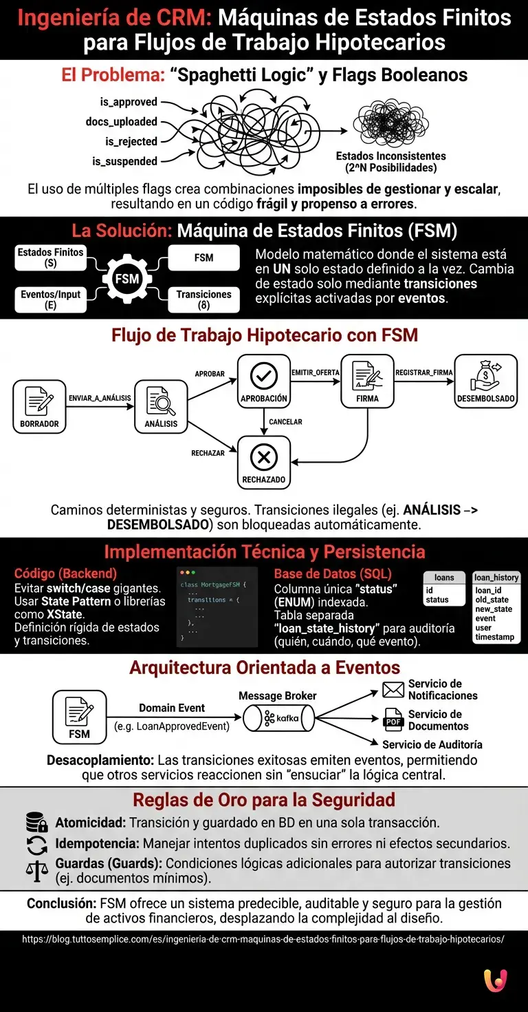 Ingeniería de CRM: Máquinas de Estados Finitos para Flujos de Trabajo Hipotecarios - Infografía resumen