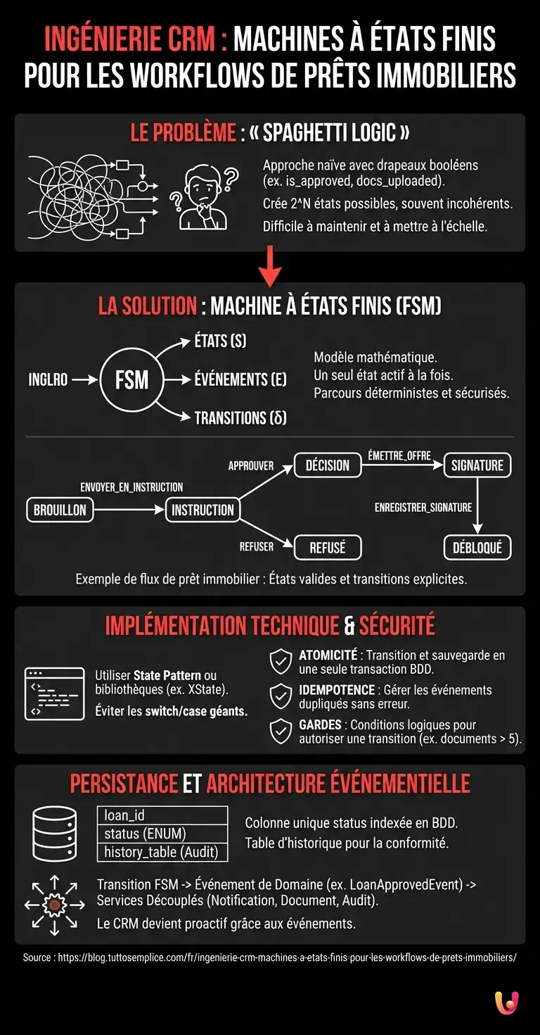 Ingénierie CRM : Machines à États Finis pour les Workflows de Prêts Immobiliers - Infographie résumant