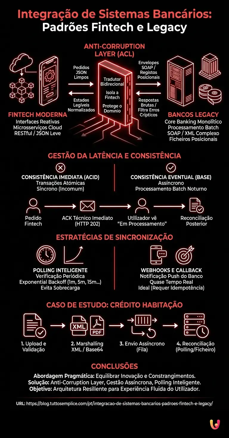 Integra&ccedil;&atilde;o de Sistemas Banc&aacute;rios: Padr&otilde;es Fintech e Legacy - Infogr&aacute;fico resumido