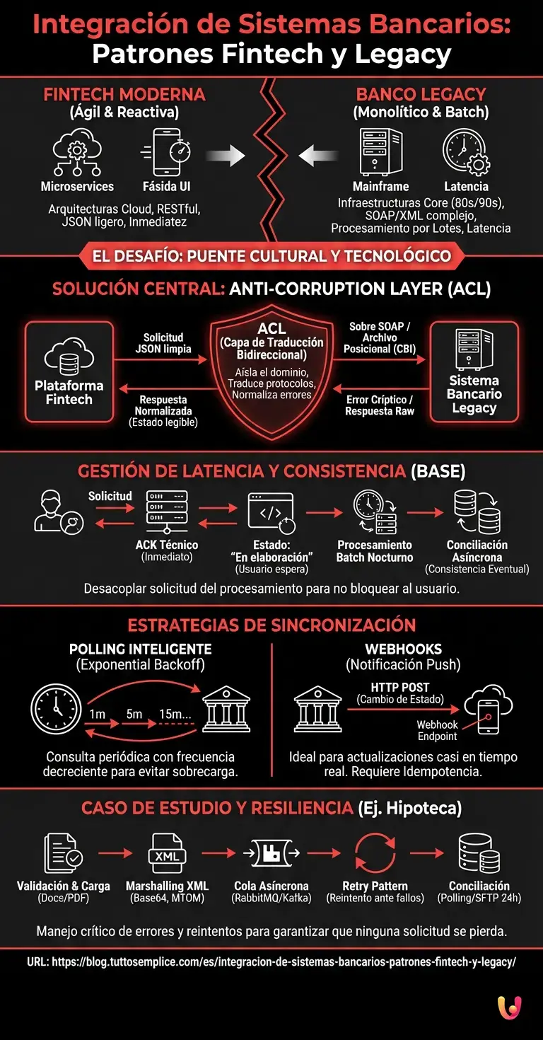 Integraci&oacute;n de Sistemas Bancarios: Patrones Fintech y Legacy - Infograf&iacute;a resumen