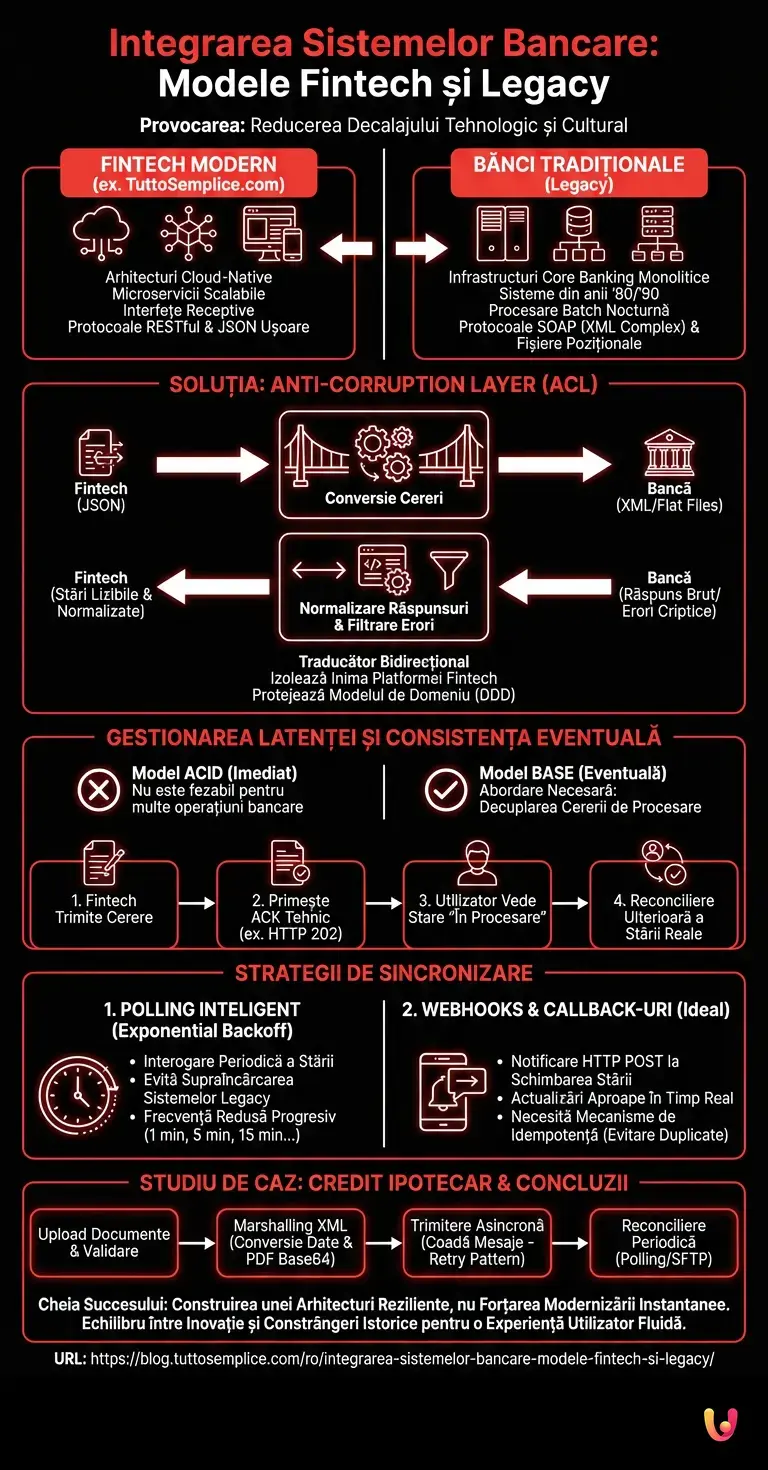 Integrarea Sistemelor Bancare: Modele Fintech și Legacy - Infografic rezumativ