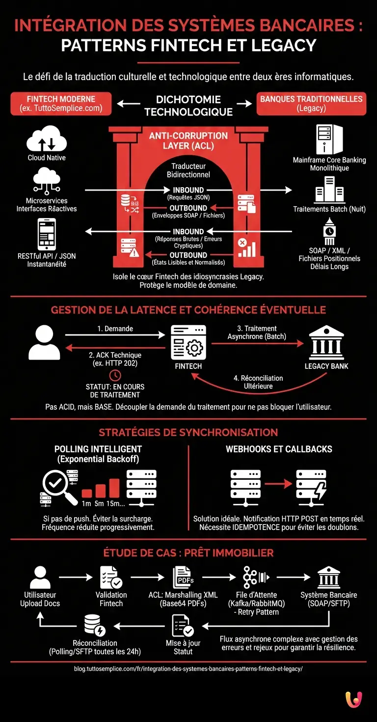 Int&eacute;gration des Syst&egrave;mes Bancaires : Patterns Fintech et Legacy - Infographie r&eacute;sumant