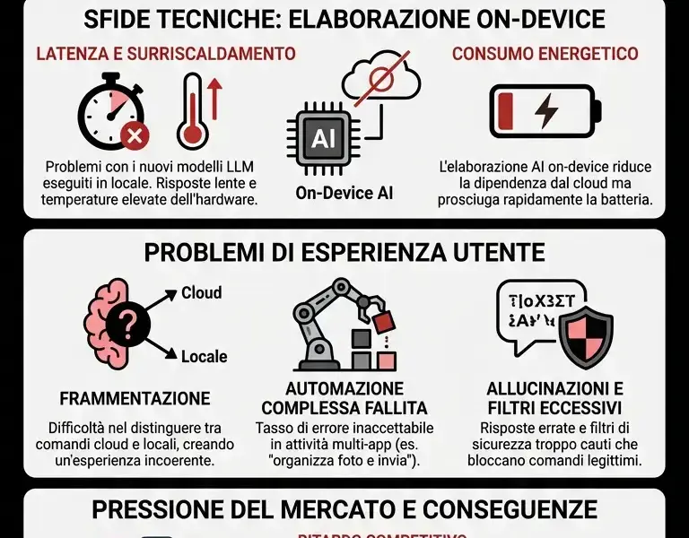 Infografica: iOS 26.3: criticit&agrave; di latenza e consumi nei modelli LLM per Siri