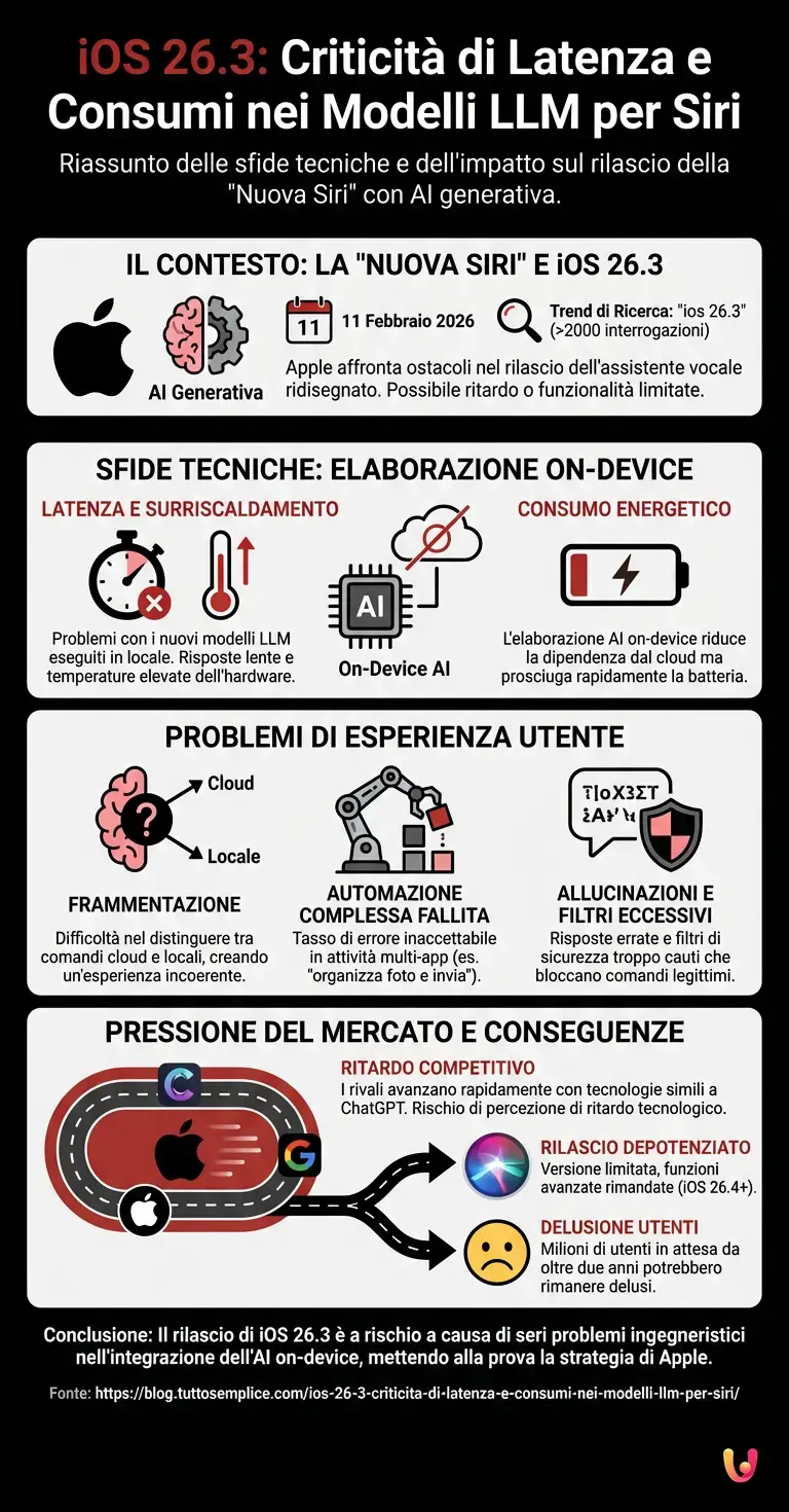 iOS 26.3: criticità di latenza e consumi nei modelli LLM per Siri - Infografica riassuntiva