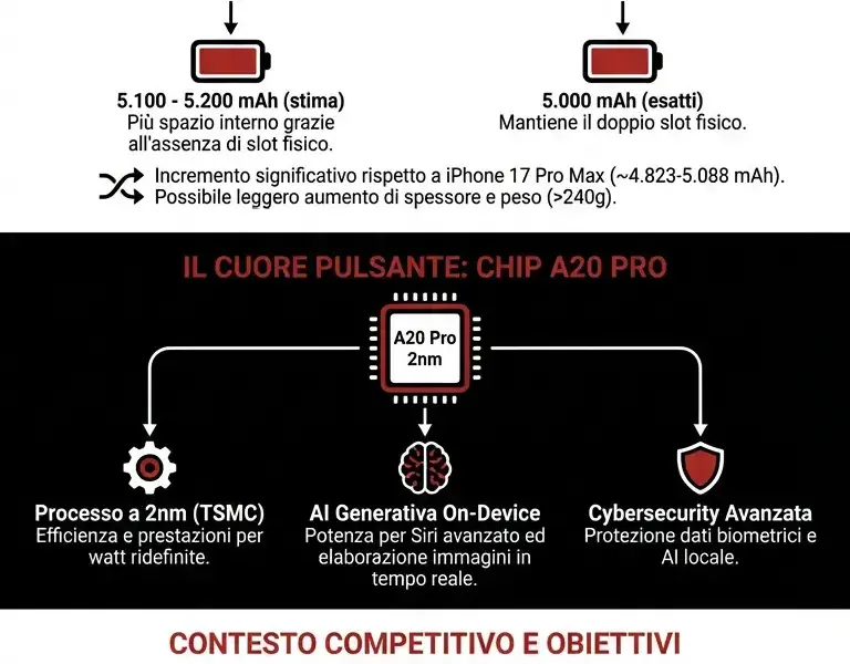 Infografica: iPhone 18 Pro: batteria storica oltre 5.000 mAh e chip A20 Pro