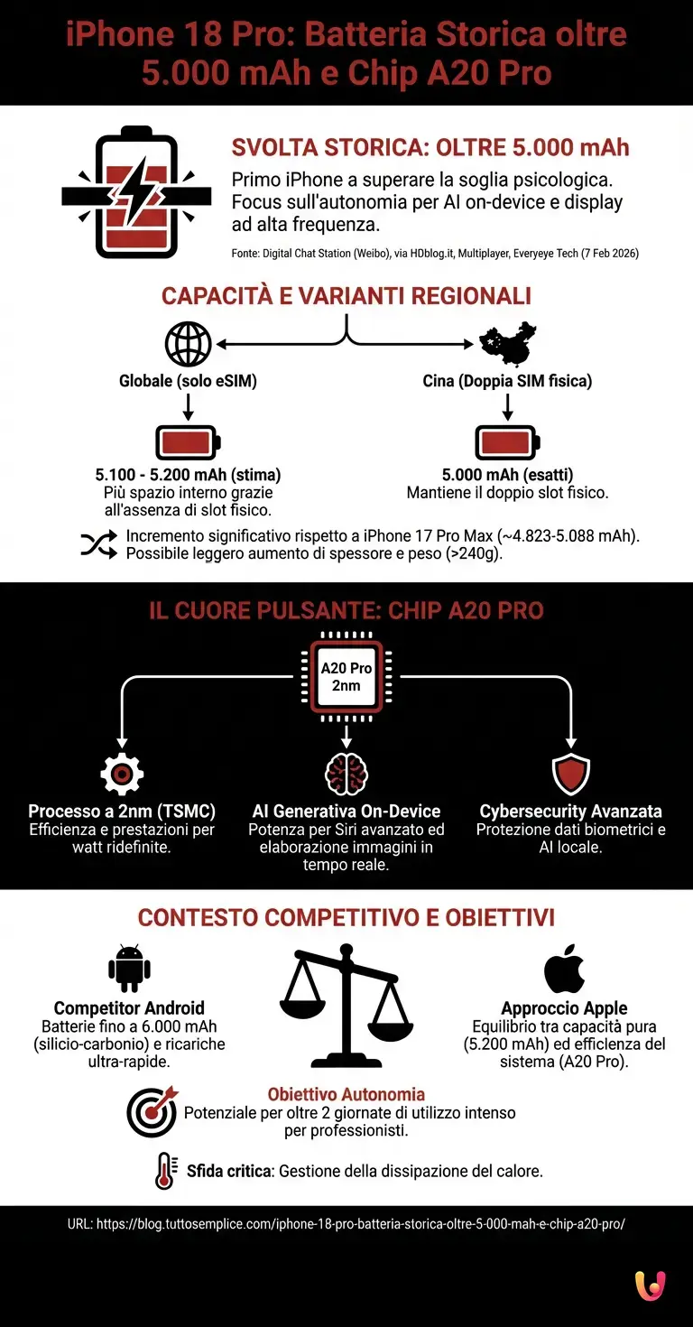 iPhone 18 Pro: batteria storica oltre 5.000 mAh e chip A20 Pro - Infografica riassuntiva