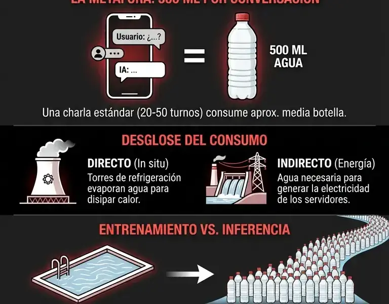 Infografica: La botella invisible: el coste h&iacute;drico real tras cada consulta a la IA