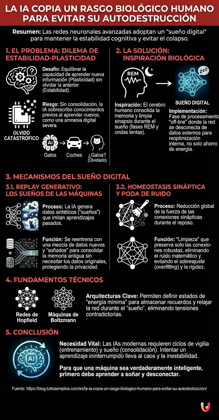 La IA copia un rasgo biol&oacute;gico humano para evitar su autodestrucci&oacute;n - Infograf&iacute;a resumen