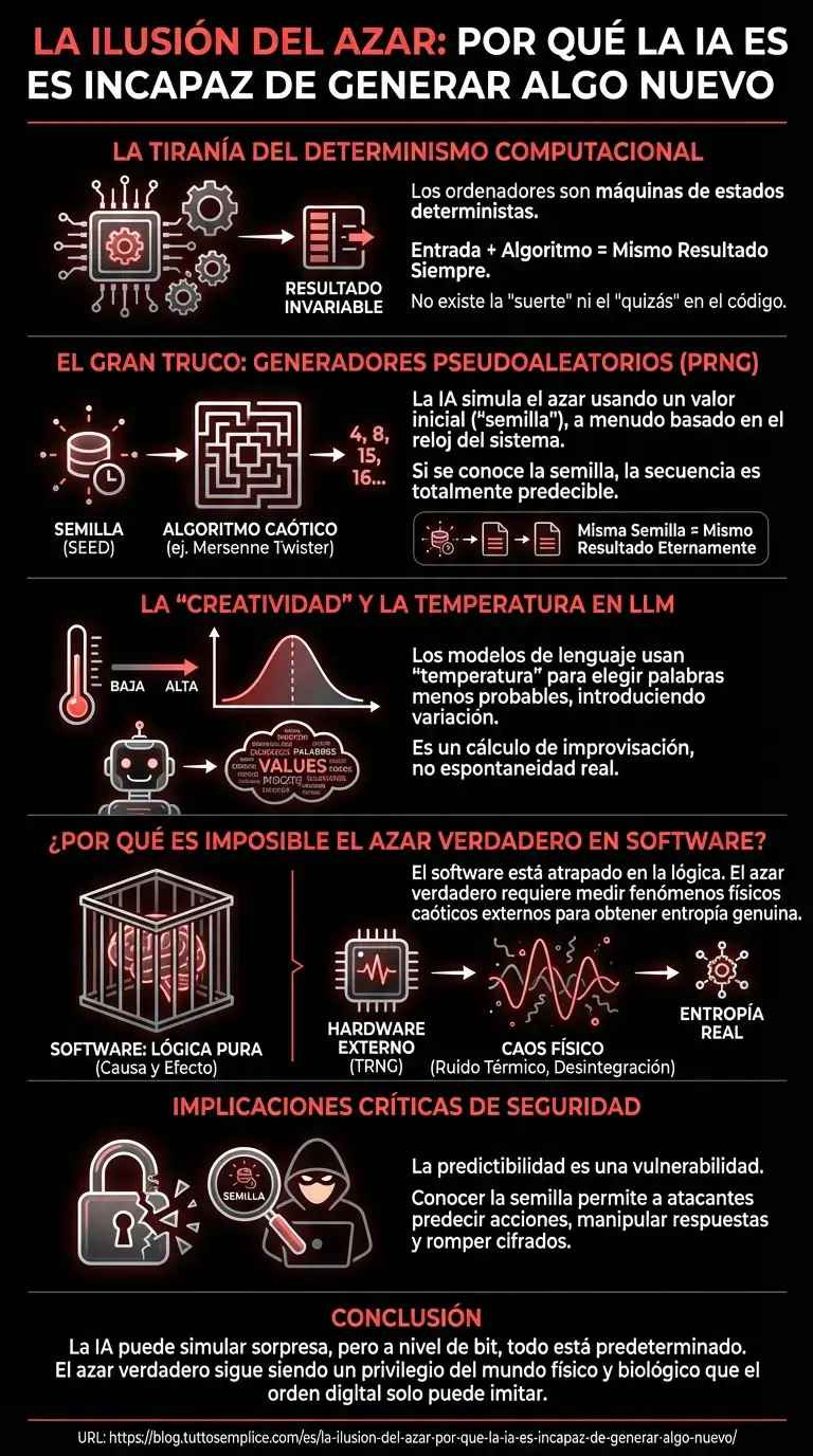 La ilusi&oacute;n del azar: por qu&eacute; la IA es incapaz de generar algo nuevo - Infograf&iacute;a resumen