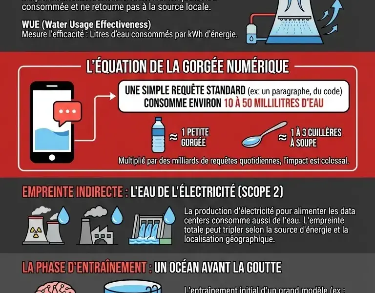 Infografica: La quantit&eacute; d'eau exacte consomm&eacute;e par une simple requ&ecirc;te IA