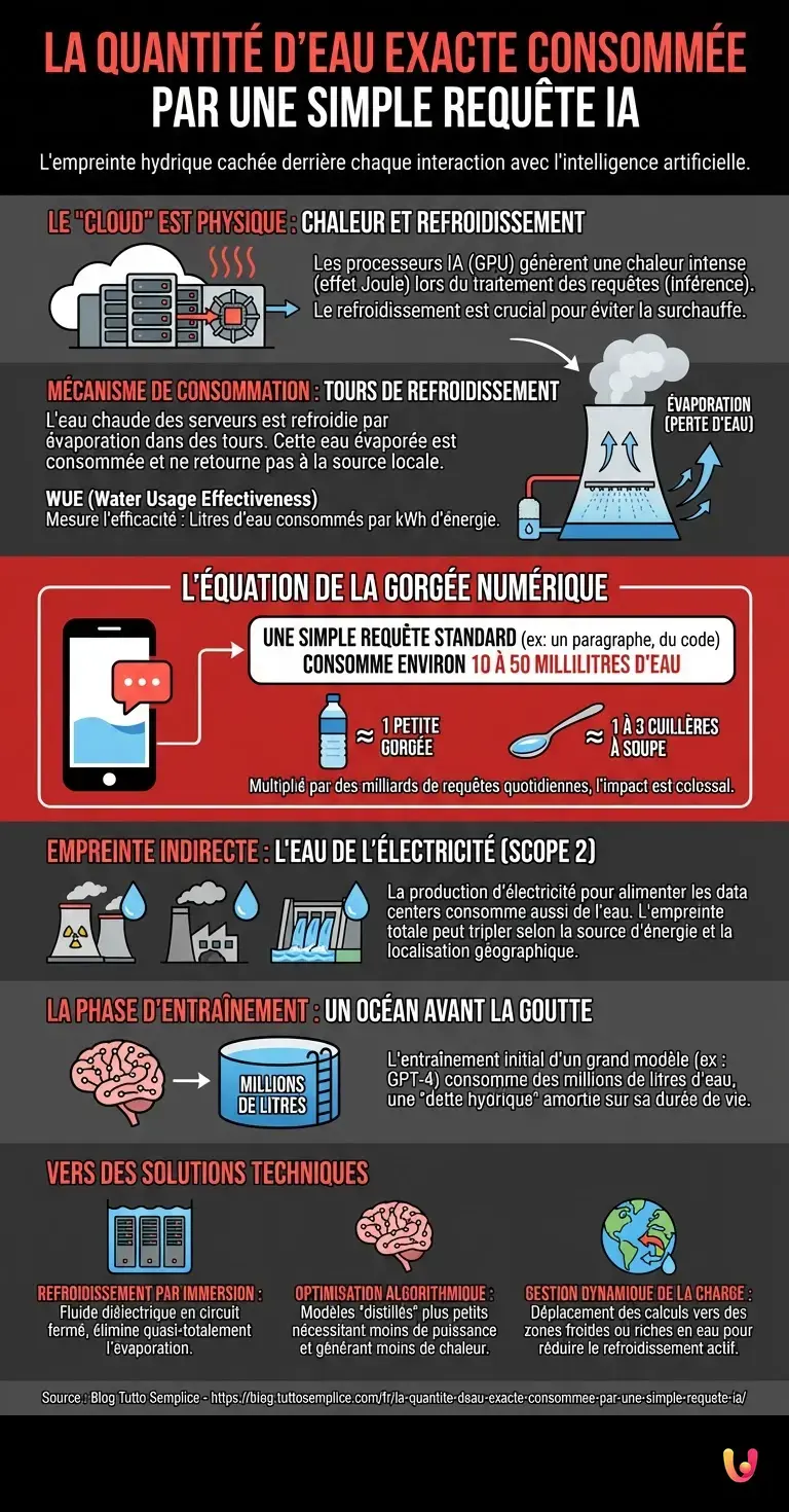 La quantité d'eau exacte consommée par une simple requête IA - Infographie résumant