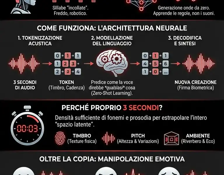 Infografica: La regola dei 3 secondi: come l'IA ti ruba la voce appena rispondi