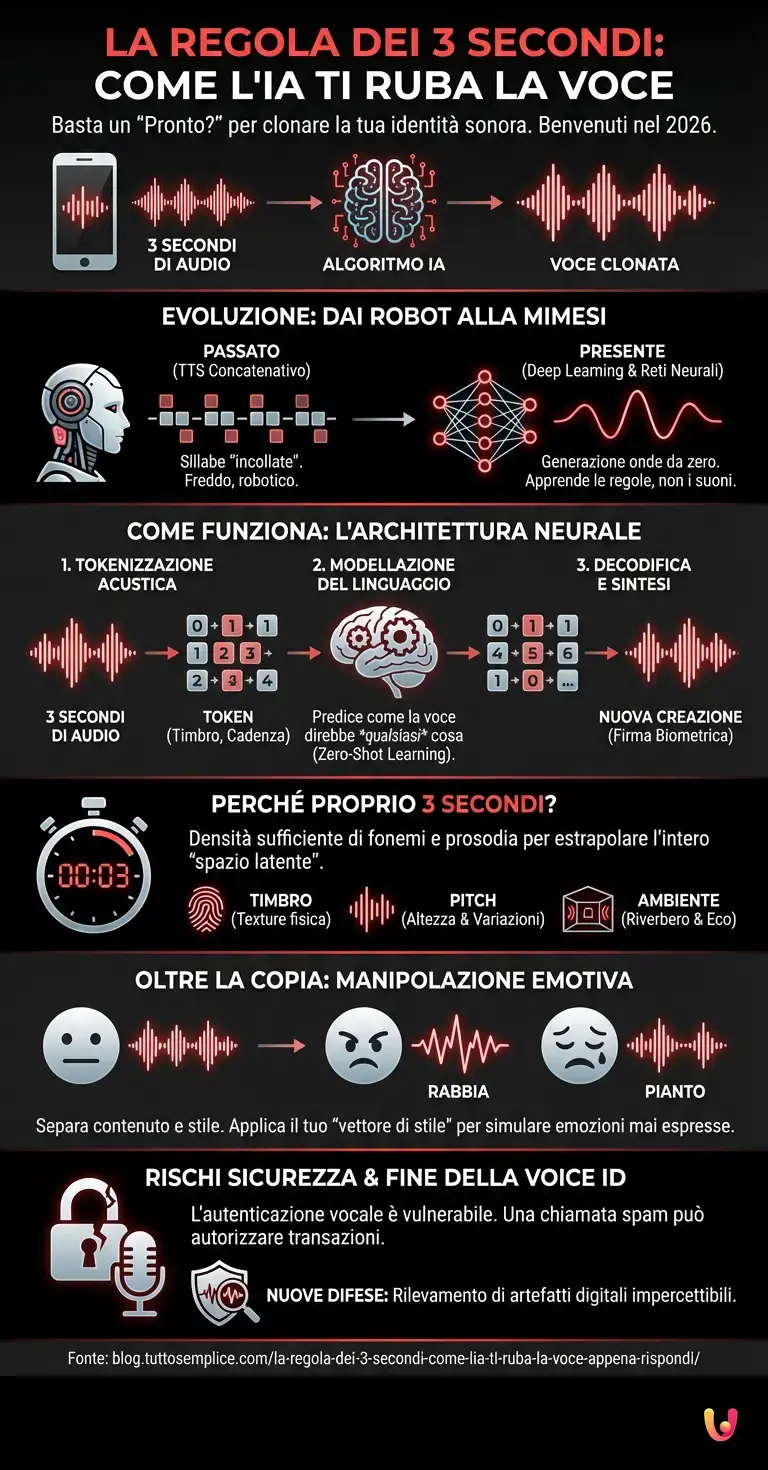 La regola dei 3 secondi: come l'IA ti ruba la voce appena rispondi - Infografica riassuntiva